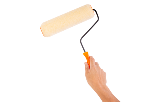 Hand holding a paint roller with orange handle and foam roller, isolated on white background, suitable for painting or renovation concepts.
