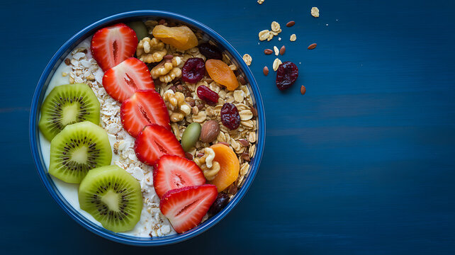 Delicious and healthy breakfast bowl featuring granola, strawberries, kiwi, nuts, and dried fruit on a blue background