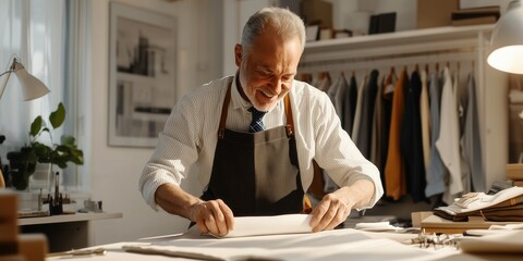 Senior tailor in his shop working on a garment with measuring tape around his neck and a gentle smile, in bright white modern interior.