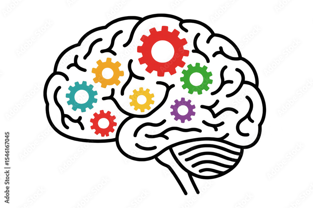 Poster colorful interlocking gears inside human brain symbolizing thinking process, intelligence, creativit