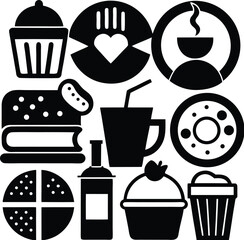 Coffee and tea icons with cups cakes and beverages in a simple vector style