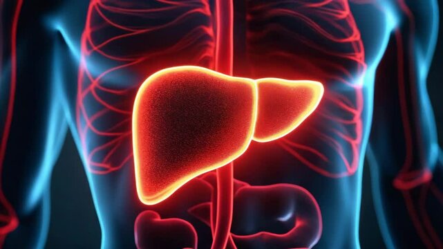 Metabolic disorders concept ,Glowing red liver anatomy with highlighted organ chest showing internal structure and blood vessels