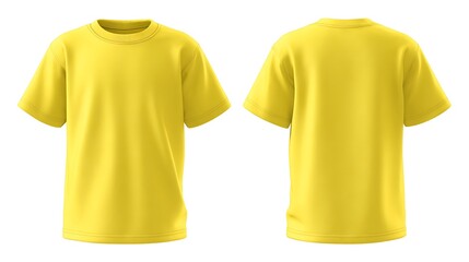 Blank yellow kids t-shirt mockup front, back view. Isolated on white background. Studio shot of plain light blue shirt. Casual attire. Empty template for design. Short sleeves. .