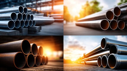 Quadruple image showcasing various stacks of metallic pipes in industrial and natural settings, exhibiting different finishes and lighting conditions