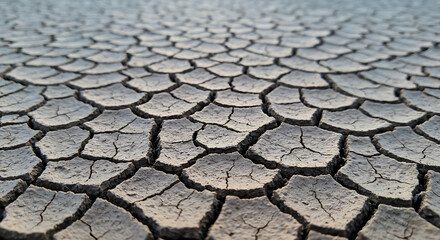 Close-up perspective of dry, cracked earth. A textured pattern of desiccated mud, symbolizing drought, climate change, and barren environments.
