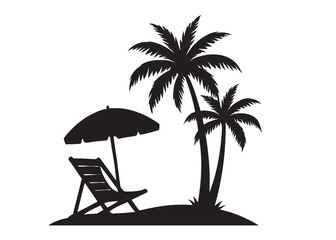 beach chair vector silhouette illustration logo, beach chair logo icon silhouette, tropical beach sunset scene palm trees beach chair and umbrella vector silhouette on white background