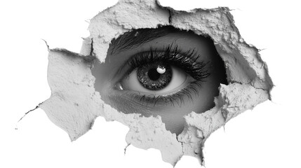 Realistic Eye Peeking Through Torn Paper Hole on Transparent Background

