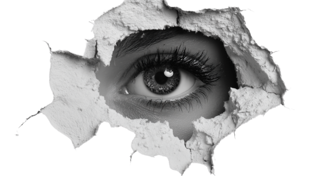 Realistic Eye Peeking Through Torn Paper Hole on Transparent Background

