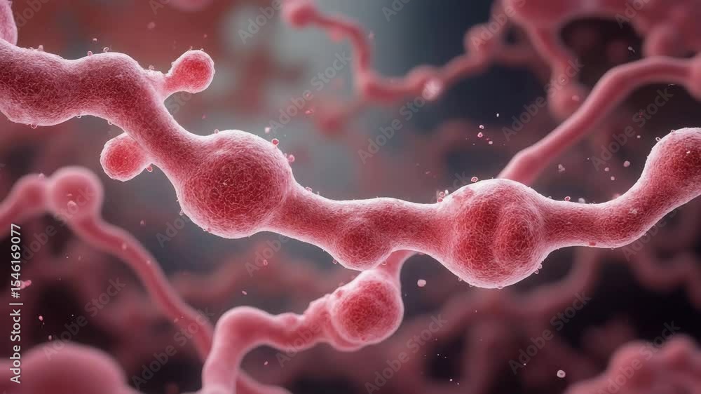 Poster metabolic disorders concept ,red microscopic fungus with branching bulbous structure and round spore