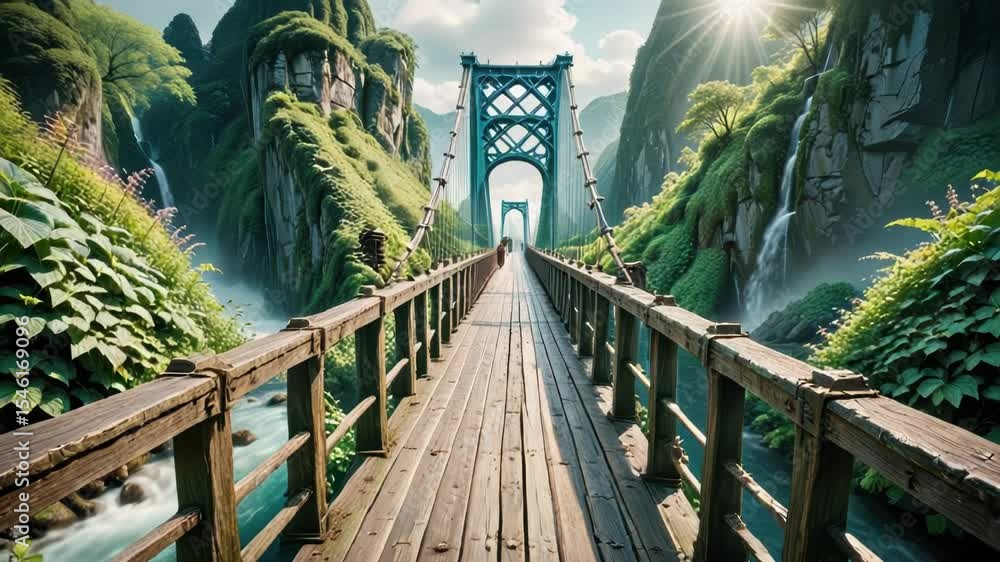 Poster a scenic view of a bridge spanning across a river, with a waterfall cascading down in the background