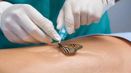 Close up of a healthcare professional inserting a butterfly catheter in a simulated skin