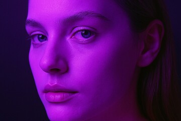 Striking Close-Up Portrait in Vibrant Purple Lighting - Expressive and Modern