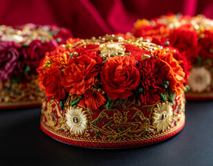A close-up of intricate "okpu agu" (lion head cap) embroidery, symbolizing leadership and cultural pride.