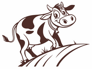 Fototapeta premium Brown Cartoon Cow on Hillside V E C T O R Logo Illustration vector