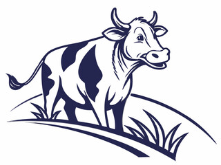 Dark Blue Cow Logo Standing in Grass V E C T O R Illustration on White Background vector graphic