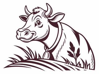 Brown Line Art Cow Head in Grass Vector Logo bull cattle