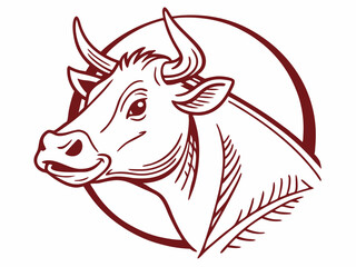 Maroon Line Art Cow Head Logo Vector Illustration Isolated on White Background bull cattle