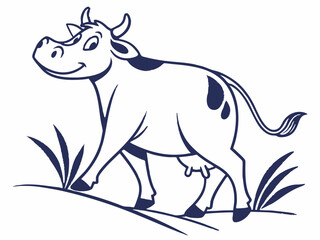 Happy Cow Cartoon Character Walking in Grass V E C T O R Logo Design Dark Blue on White vector