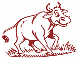 Red Cartoon Cow Logo Standing in Grass V E C T O R bull cattle