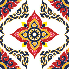 Thai floral vector with red, yellow, and navy tones. Perfect for traditional textile design, digital prints, and Southeast Asian inspired decorative art patterns.