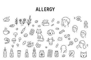 Set of allergy icons in doodle style. Hand drawn doodle version. Vector illustration