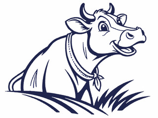 Happy Cow Logo Design Dark Blue V E C T O R Illustration Isolated on White Background Cow in Grass vector