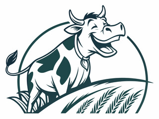 Happy Cow Logo Design Teal and White Cartoon Cow in Field of Wheat illustration vector
