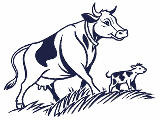 Cow and Calf in Pasture Navy Blue and White V E C T O R Logo Illustration cattle bovine