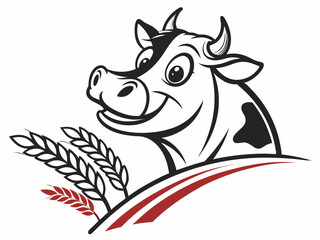 Happy Cow Head with Wheat Logo Design Black and Red on White Background V E C T O R vector