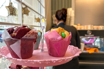Close-up of colorful muffins and assorted baked goods arranged on a pink plate. Soft focus reveals...