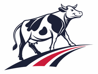 Cow Logo Design Dark Blue and White Cow Walking on Red and Blue Stripes V E C T O R vector illustration