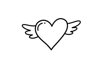 Flying heart drawing. It is a charming black and white line art sketch of a heart with wings, symbolizing freedom, love, and lightness. Vector sketch line art draw.