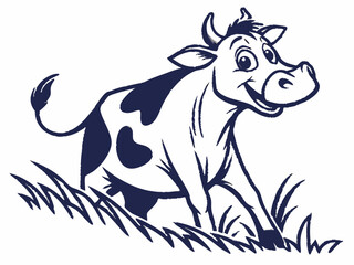 Happy Cow in Grass Vector Illustration Dark Blue and White Cartoon Style Isolated Cutout logo