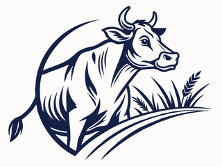 Dark Blue Cow Logo Vector Illustration with Grass and Wheat on White Background