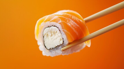 Philadelphia sushi roll held by chopsticks against an orange background, copy space