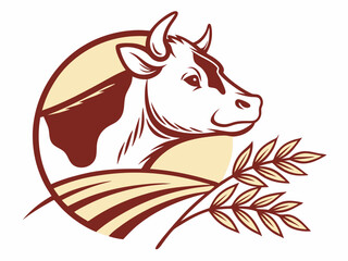 Brown and Beige Cow Head Logo with Wheat Design V E C T O R profile