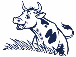 Happy Cow Logo Design Dark Blue and White V E C T O R Illustration Cartoon Style Cow in Grass vector
