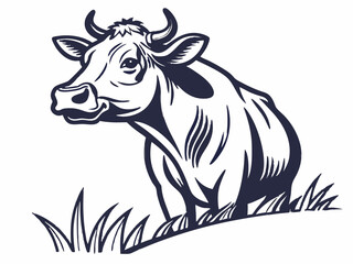 Dark Blue Cow Logo in Grass V E C T O R Illustration Isolated on White Background vector