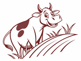 Happy Brown Cow in Grass Vector Illustration Isolated on White Background bull calf