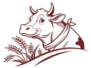 Brown Line Art Cow Head with Wheat Logo Design V E C T O R vector illustration