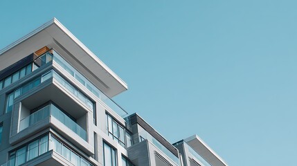 Detail of a luxury apartment complex sharp angles, neutral tones, and expansive windows reflecting the bright blue sky minimalistic and refined. .