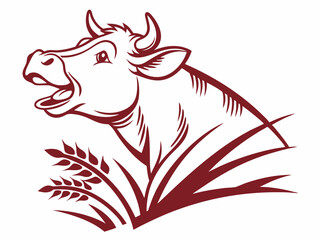 Maroon Cow Head Logo with Wheat and Grass V E C T O R Illustration on White Background brown