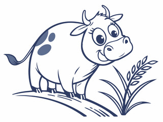 Cute Cartoon Cow with Blue Spots Standing on Hillside Next to Grass and Wheat animal farm