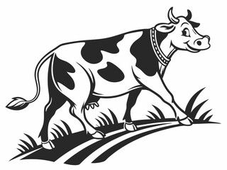 Black and White Cow Logo Walking in Grass V E C T O R monochrome
