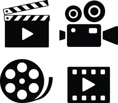 Filmmaking Icons Clapperboard, Camera, Film Reel, and Movie Strip -  Video Production Symbols