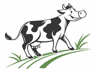 Happy Cow Walking in Green Pasture V E C T O R Cartoon Style Black and White Illustration Isolated Cow Logo