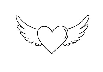 Obraz premium Winged heart drawing. It is a charming black and white line art sketch of a heart with elegant wings, symbolizing love and freedom. Vector sketch line art draw.