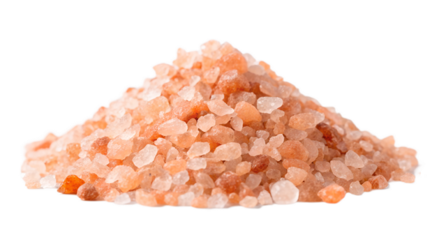 A pile of Himalayan pink salt crystals isolated on transparent background