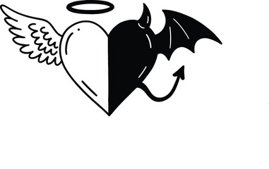 Fototapeta premium Angel devil heart drawing. It is a striking black and white line art piece featuring a heart split between angelic and devilish attributes. Vector sketch line art draw.