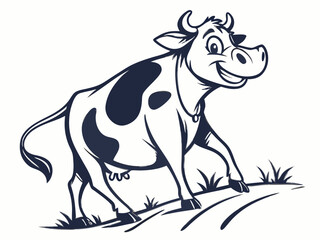 Obraz premium Happy Cartoon Cow with Dark Blue Spots on White Background V E C T O R Logo Illustration vector